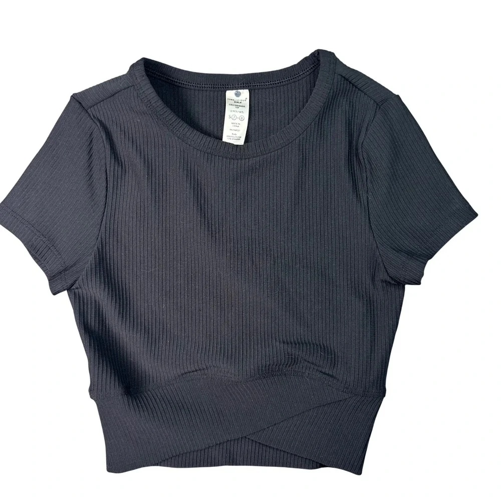 Yogalicious Girls Rib Maisie Top Black Crossover Athletic Crop Shirt Size 7-8